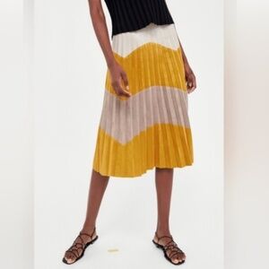 ZARA Zigzag Color Block Pleated Faux Suede Midi Skirt Mustard Yellow Bei…